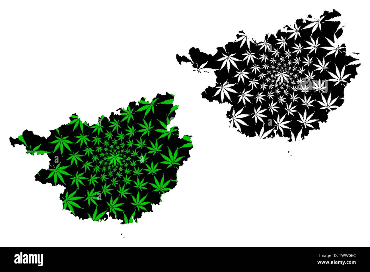 Der Autonomen Region Guangxi Zhuang (China, Volksrepublik China, VR China) Karte cannabis Blatt grün und schwarz ausgelegt ist, Guangxi (Gvangjsih) Karte gemacht Stock Vektor