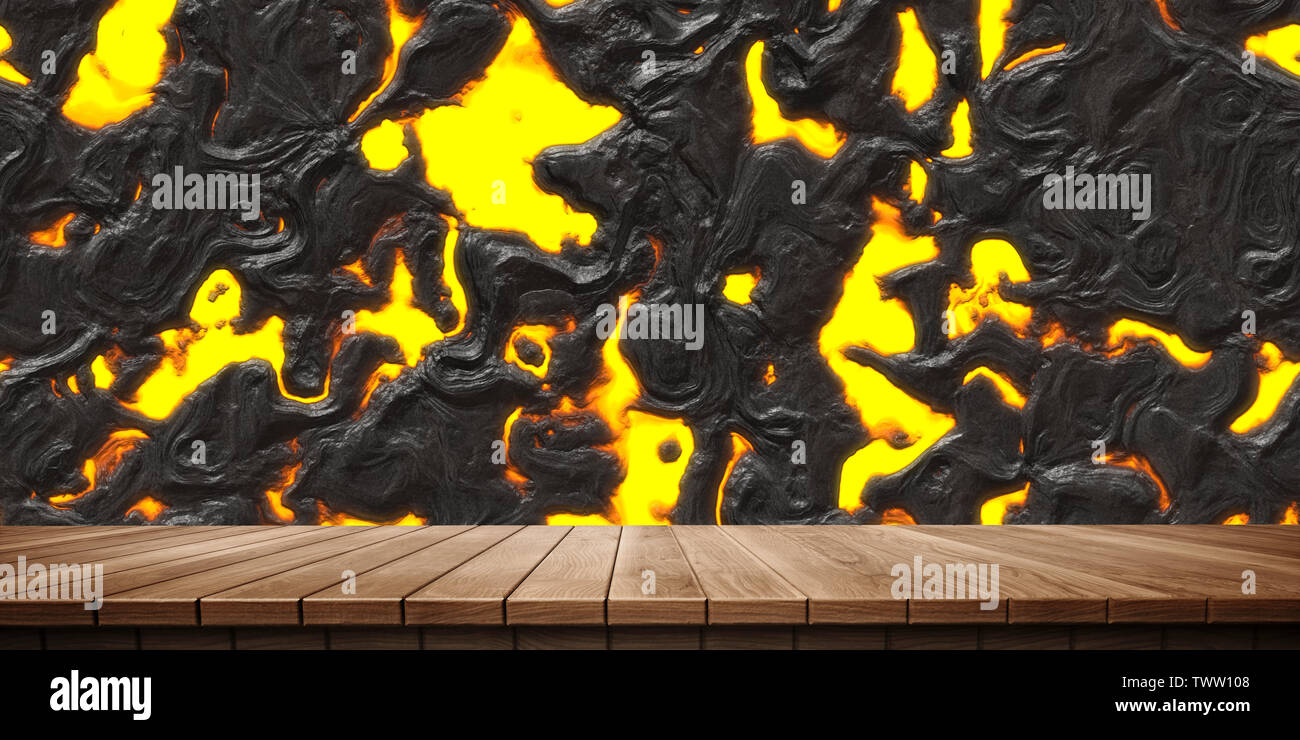 Bunte hölzerne Plattform Hintergrund: Magma und Lava. ( 3D Rendering Computer digital generierte Illustration.) Stockfoto