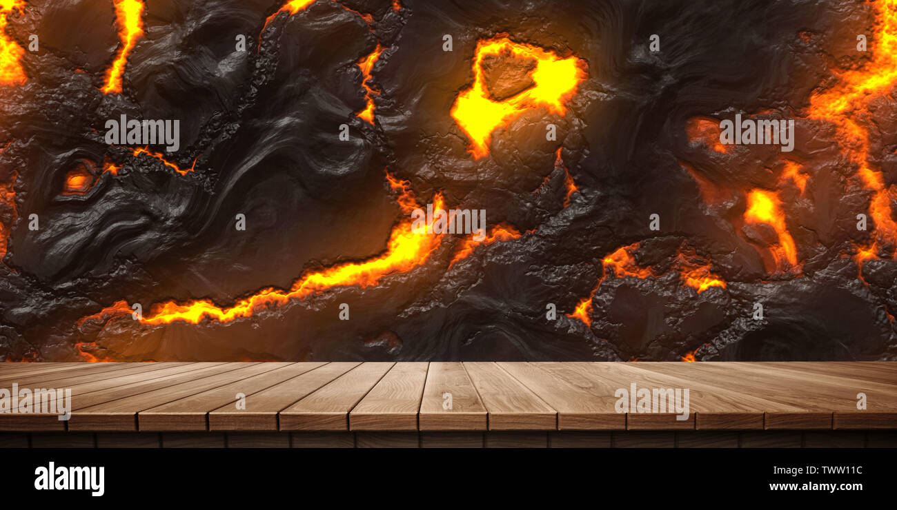 Bunte hölzerne Plattform Hintergrund: Magma und Lava. ( 3D Rendering Computer digital generierte Illustration.) Stockfoto