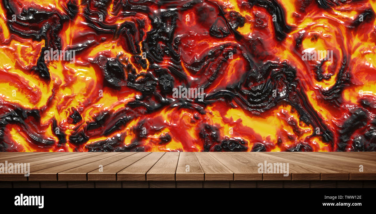 Bunte hölzerne Plattform Hintergrund: Magma und Lava. ( 3D Rendering Computer digital generierte Illustration.) Stockfoto