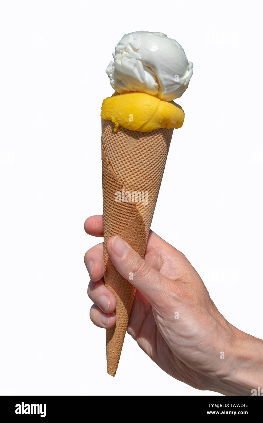 Hand ein Eis auf weißem Hintergrund Stockfoto