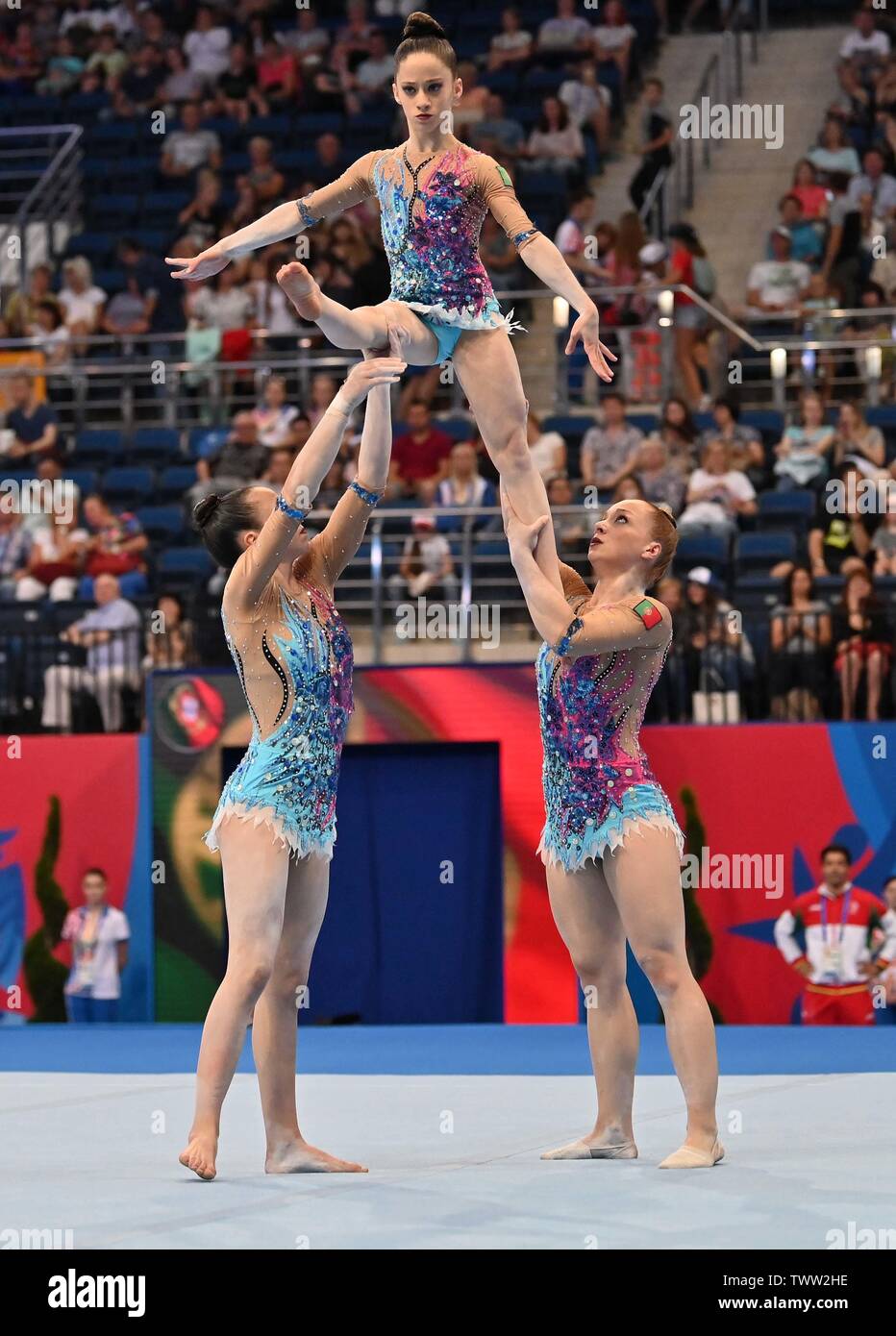 Minsk. Belarus. 23. Juni 2019. Barbara Da Silva Sequeira, Francisca Sampaionmaia und Francisca Maia aus Portugal (POR) nehmen an den akrobatischen Turnen Team Finale. Minsk Arena. Credit: Sport in Bildern/Alamy leben Nachrichten Stockfoto