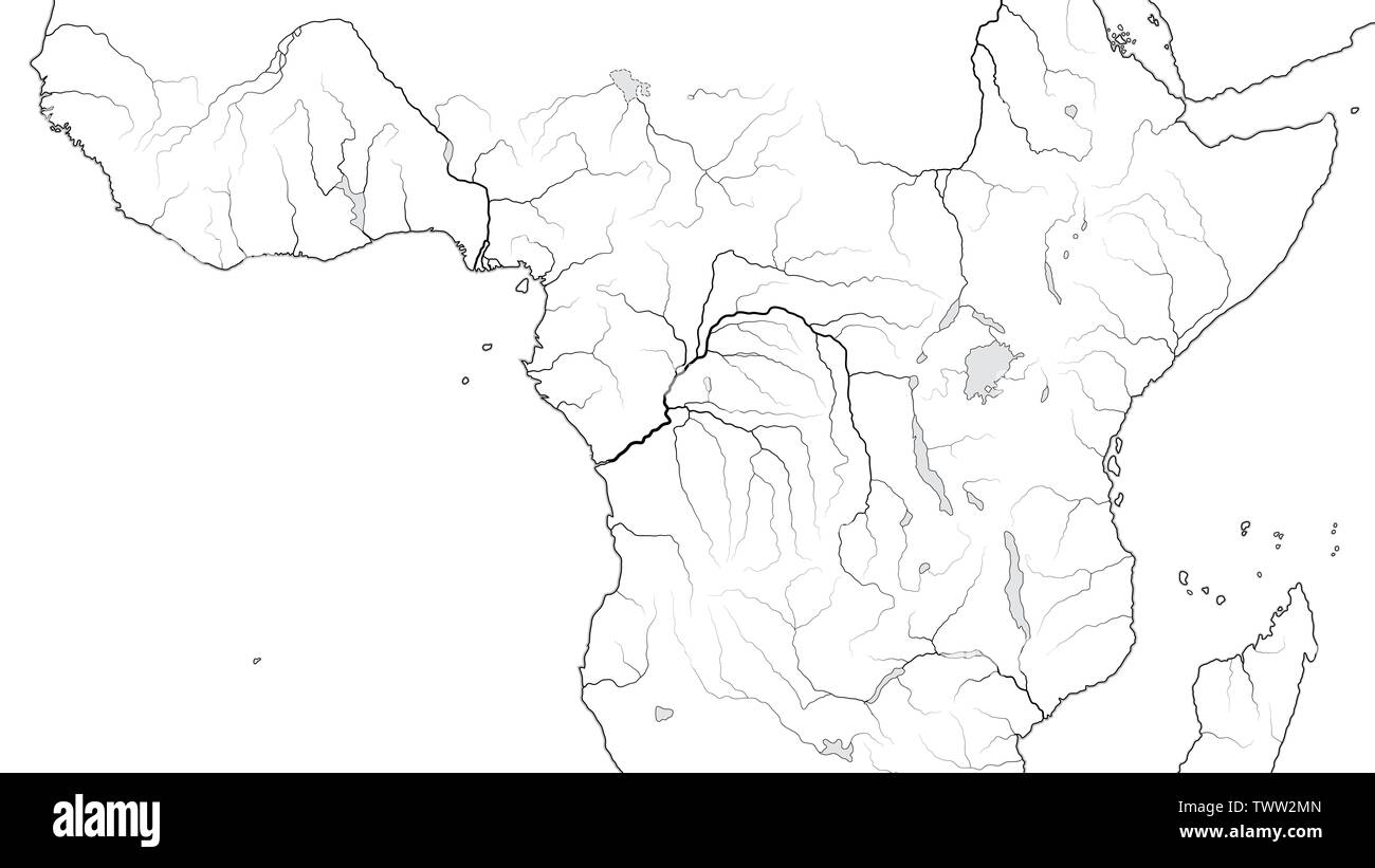 Weltkarte der ÄQUATORIALEN AFRIKA REGION: Zentralafrika, Kongo, Zaire, Kenia, Tansania, Kilimanjaro, Tanganjikasee, Malawisee, im Sudan, in Somalia. Diagramm Stockfoto