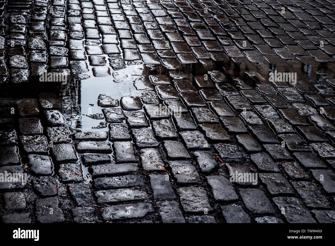 Grunge Straße mit Kopfsteinpflaster mit Pfützen, New York City Stockfoto