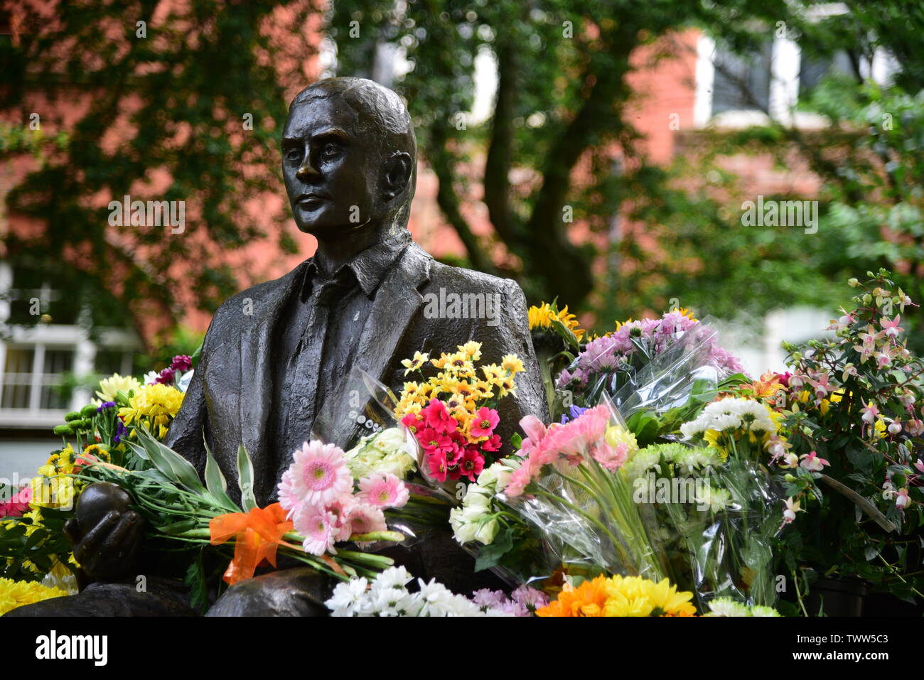 Alan Turing Statue mit Blumen Stockfoto