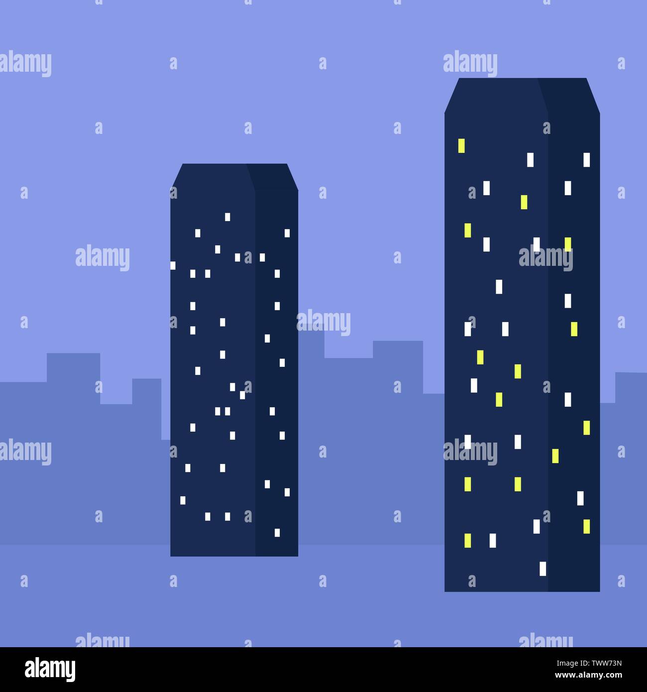 Nacht Stadt. Vektor flachbild Abbildung. Hochhäuser mit Licht in Windows. Eps 10. Stock Vektor
