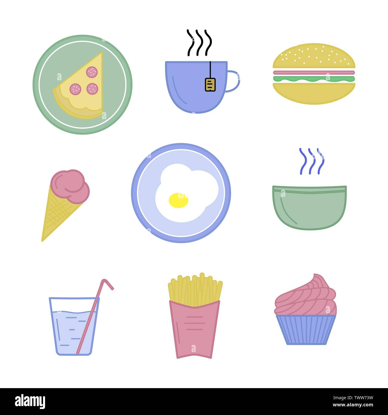 Vector Illustration von Lebensmitteln Symbole. Hamburger, Spiegelei, Pizza, Platte, heiße Suppe, Tee, Eis, Kuchen, Pommes frites, Mineralwasser, Glas, Becher Stock Vektor