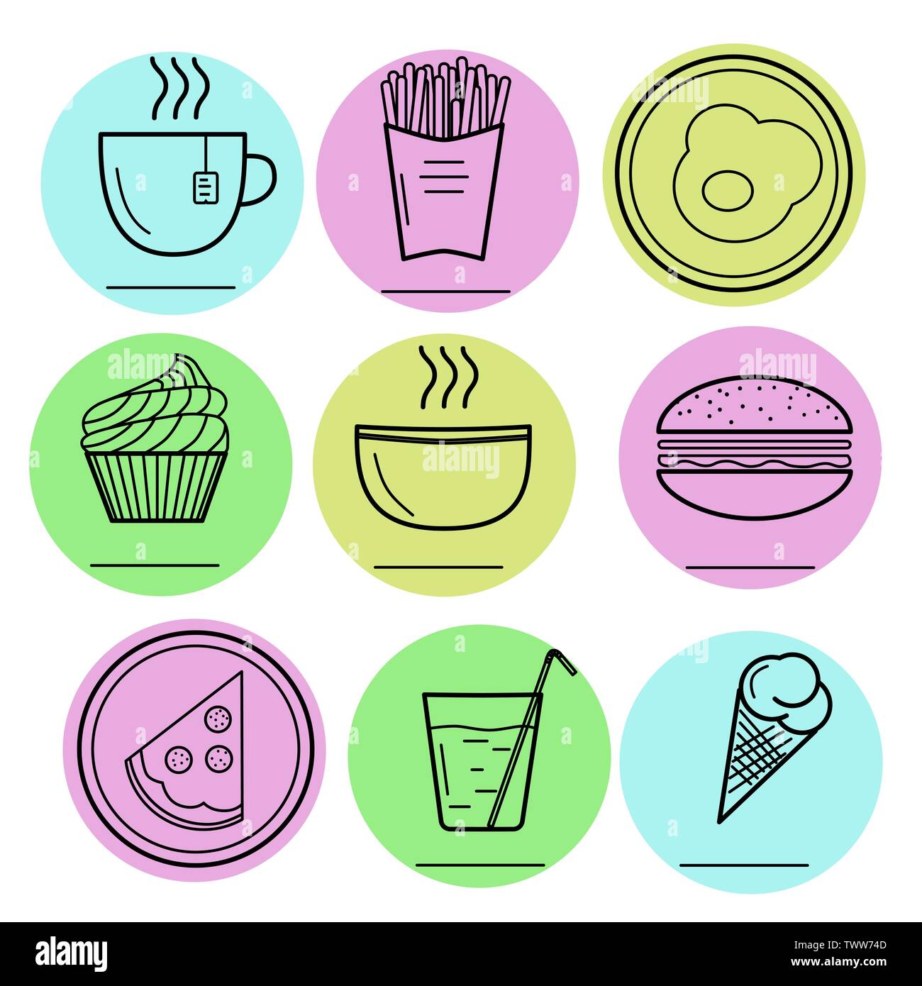 Vector Illustration von Lebensmitteln Symbole. Hamburger, Spiegelei, Pizza, Platte, heiße Suppe, Tee, Eis, Kuchen, Pommes frites, Mineralwasser, Glas, Becher Stock Vektor