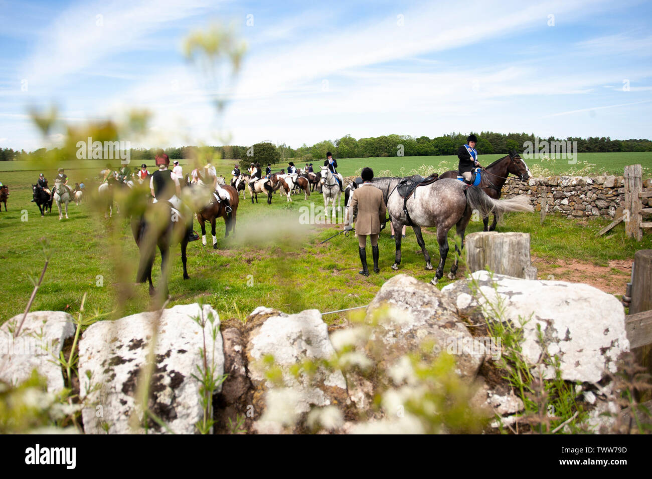 Morebattle, Scottish Borders, Großbritannien. 23. Juni 2019. Die Kelso Laddie Mark Henderson zusammen mit seiner rechten Hand von Sean Haken und Linken Mann Craig Logan Kreuz obwohl ein auf es weg zu Morebattle eingereicht an den jährlichen Morebattle Fahrt am 23. Juni 2019 in Morebattle, UK. Credit: Scottish Borders, Medien/Alamy leben Nachrichten Stockfoto