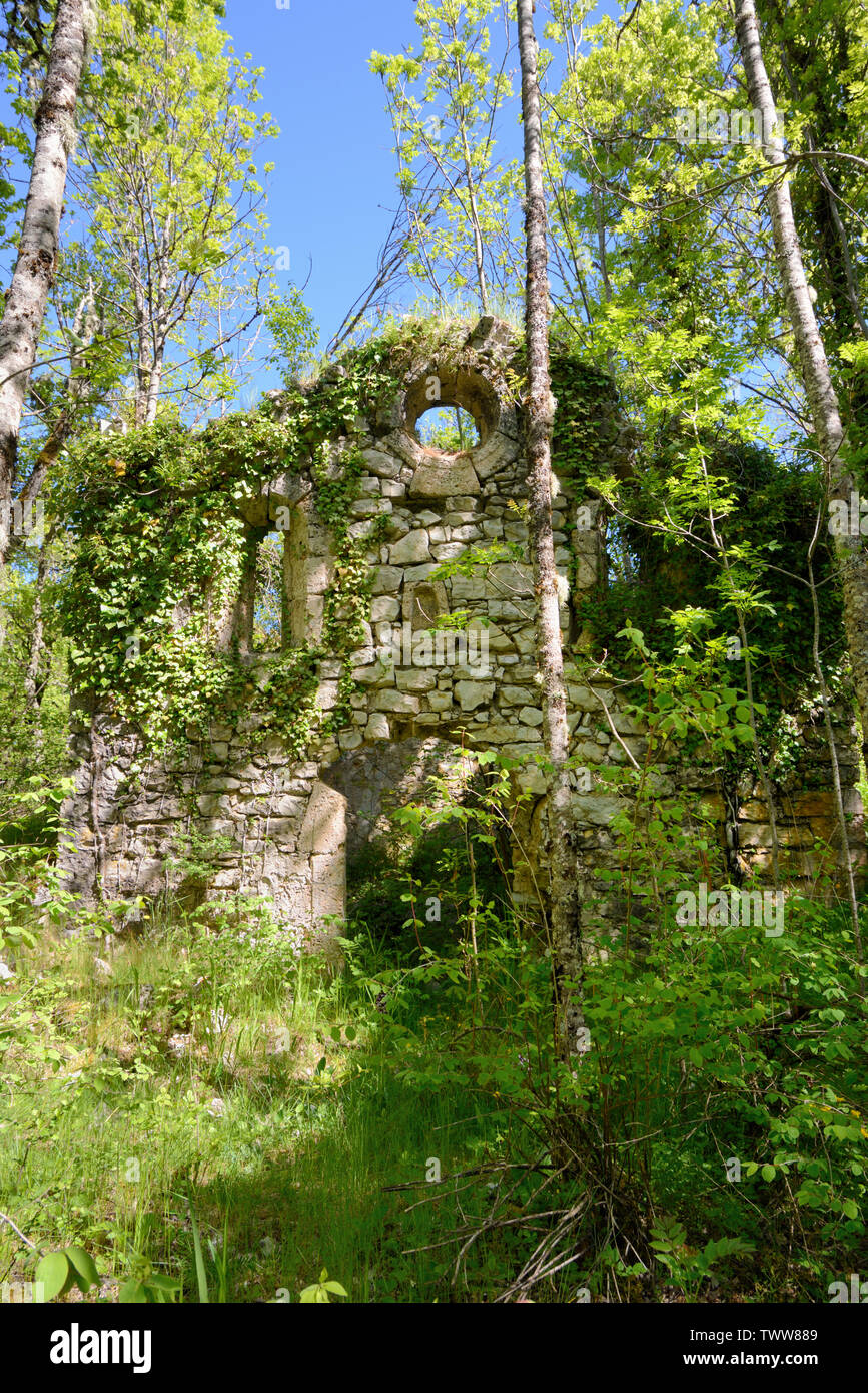 Verfallenen und verlassenen Kirche, bewachsen mit Vegetation, in den Verlassenen und Einsamen Weiler Seuil in der Alpes-de-Haute-Provence Provence Stockfoto