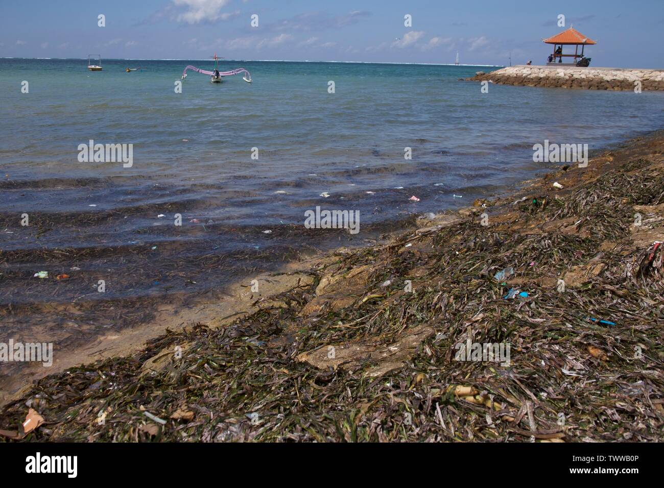 Plastikmüll wurde am Strand aufgespült Stockfoto