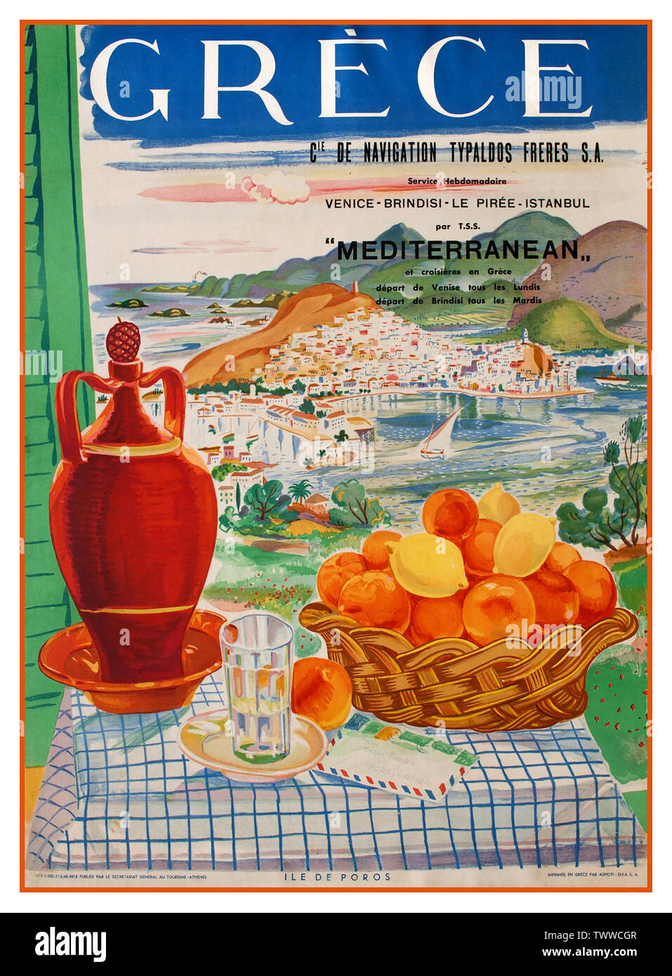 Vintage CRUISE FERRY GRIECHENLAND 1940 Cruise's Boot Versand Fähre reisen Poster Griechenland, Poros Island. Navigation Unternehmen Typaldos Brüder S.A. Venedig - Brindisi - Piräus - Istanbul durch die T.s.s. Mittelmeerkorridors und Kreuzfahrten in Griechenland. Abfahrt von Venedig jeden Montag. Abfahrt von Brindisi jeden Dienstag. 1948 Farblithographie Gedruckt von Aspioti-Elka S.A., Griechenland Stockfoto