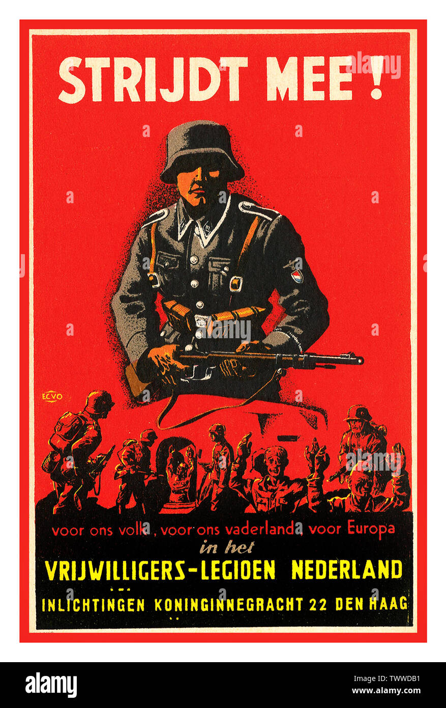 BEGLEITEN SIE MICH! STRIJDT MEE! Vintage WW2 Nazi Dutch Nederlands Propaganda SS / Niederlande Volunteer Legion Recruitment Poster, prominentes Bild von SS-Soldaten bitten, "Join Me" für das wohl der Menschen, Land und Europa Zweiten Weltkrieg Nazi Recruitment Nederlands Holland Zweiten Weltkrieg Zweiten Weltkrieg Zweiten Weltkrieg Stockfoto