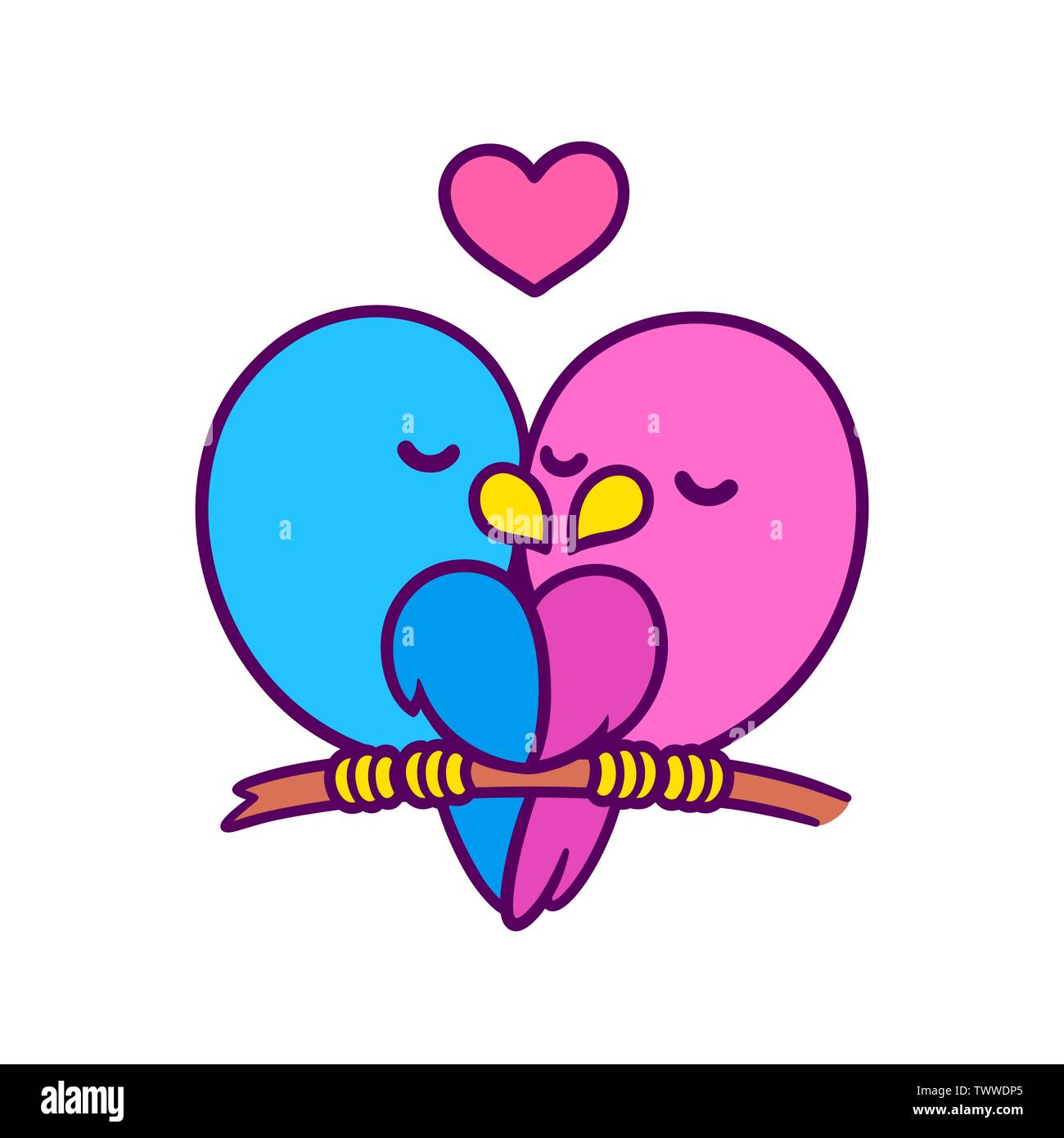 Cute cartoon Vögel Paar Küssen mit Herz. Rosa und Blaue Männchen in der Liebe. Valentines Tag Karte Vector Illustration. Stock Vektor