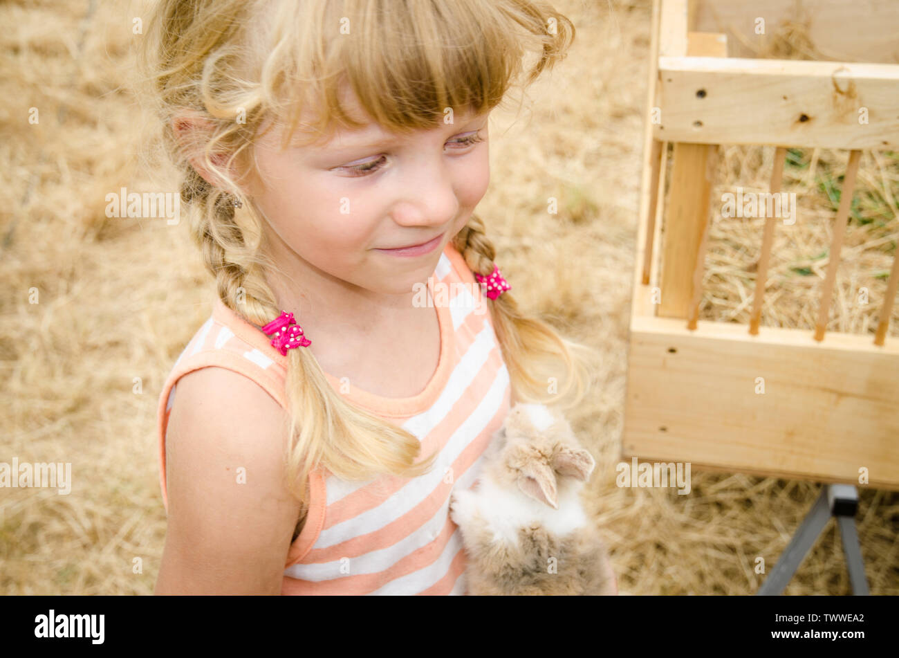 Adorable blonde Mädchen halten kleine Hase Kaninchen Stockfoto