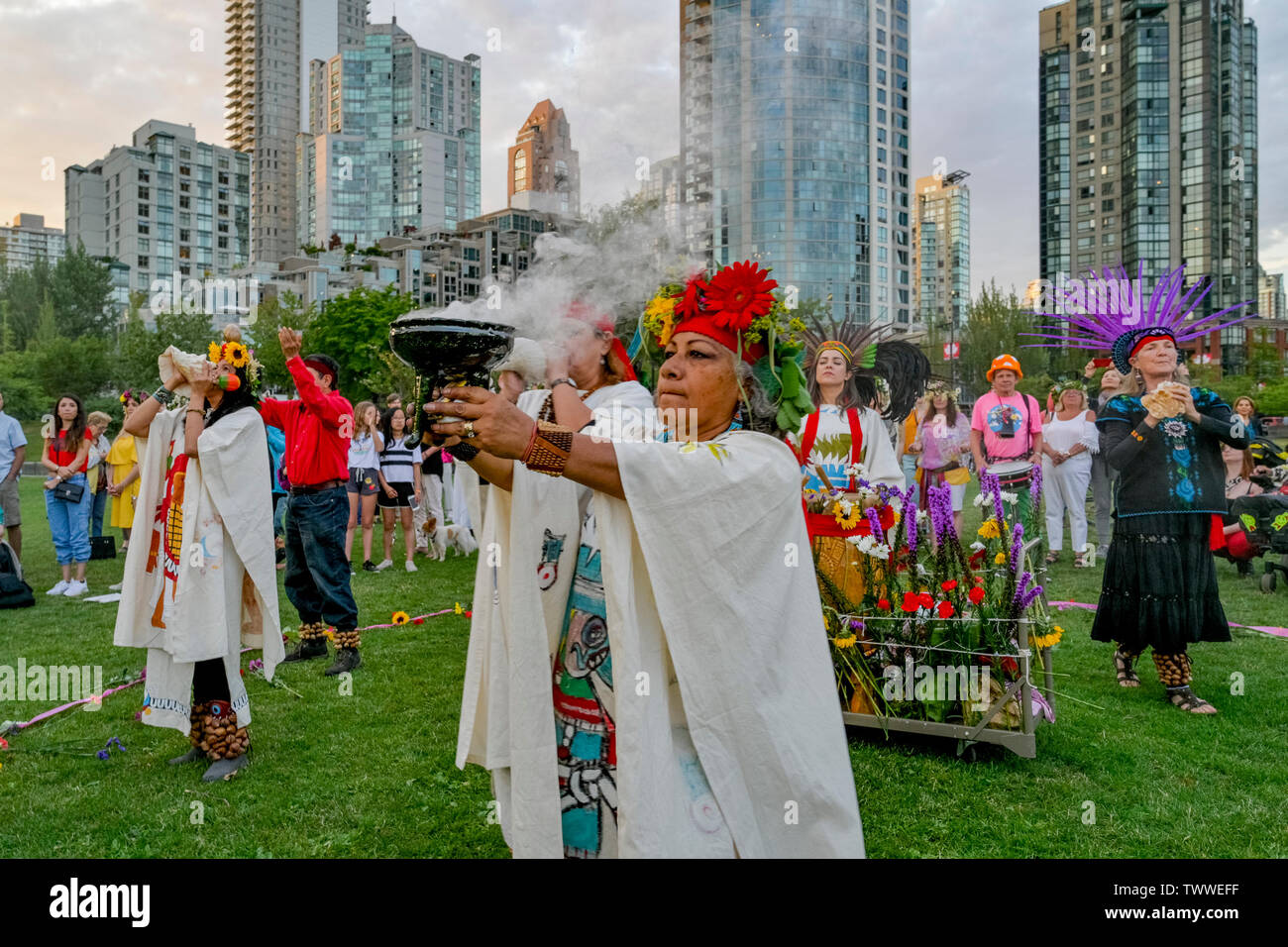 Aztec Zeremonie, das Sammeln von Festival, Sommersonnenwende Feier, David Lam Park, Vancouver, British Columbia, Kanada. Stockfoto