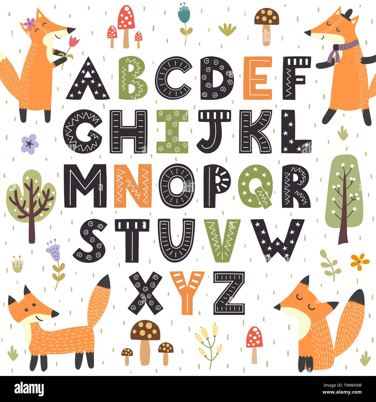 Wald Alphabet mit niedlichen Füchse. Hand Buchstaben von A bis Z. Vector Illustration gezeichnet Stock Vektor