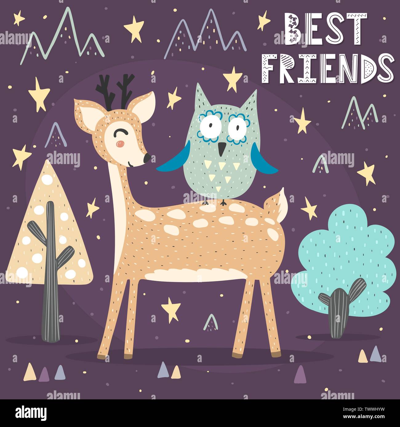 Beste Freunde Karte mit einem süßen Rehe und Eule. Freundschaft