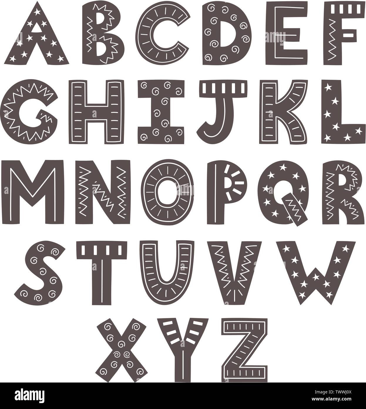Schwarze und weiße Alphabet im skandinavischen Stil. Solide Buchstaben