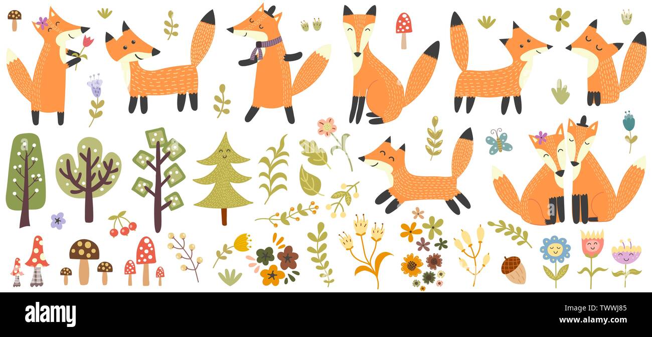 Große süße Füchse, Bäumen und Pflanzen. Wald Elemente Sammlung. Vector Illustration Stock Vektor