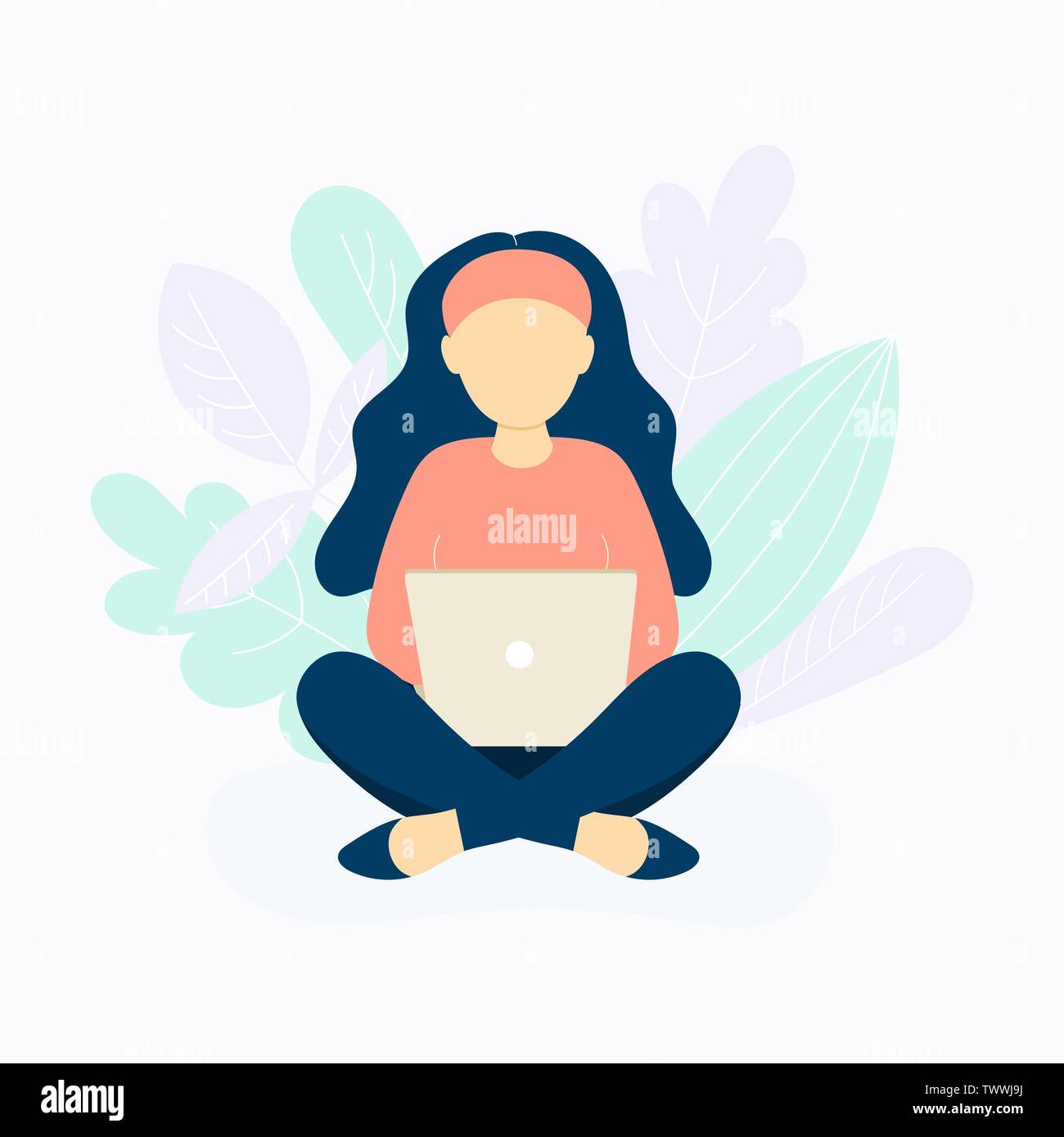 Mädchen sitzend mit Laptop mit gekreuzten Beinen. Toll für online Bildung, Unternehmen und Online shopping Themen. Vector Illustration Flat Style Stock Vektor