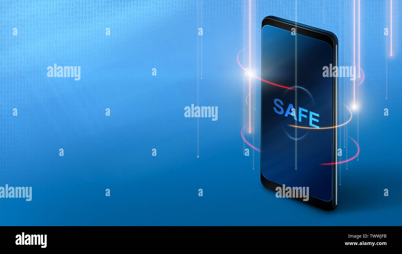 Cyber Security Konzept. Handy Safe-Bildschirm auf blauem Hintergrund, Panorama, Kopie Raum Stockfoto