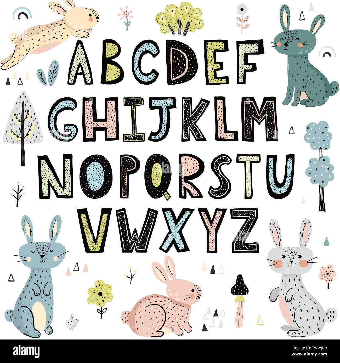 Alphabet mit niedlichen Kaninchen. Hand Buchstaben von A bis Z. Vector Illustration gezeichnet Stock Vektor