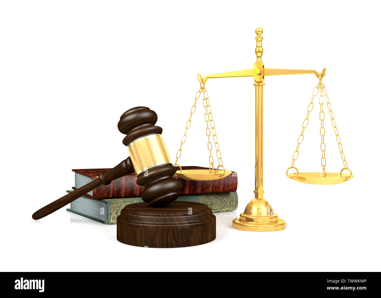 Der Holz- richter Hammer und goldene Maßstab und recht Buch, 3D-Rendering Stockfoto