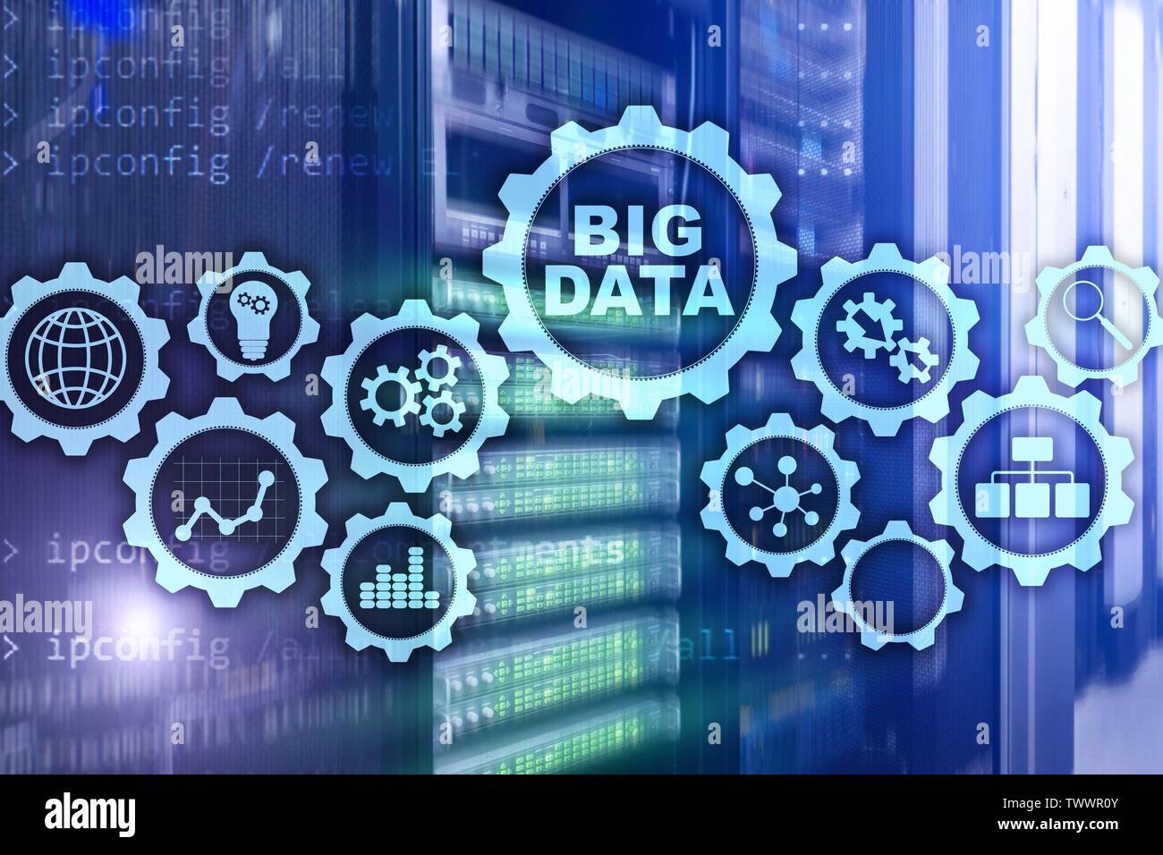 Grosse Daten Konzept der Hi-tech und Innovation in Unternehmen und Produktion. Virtueller Bildschirm auf Data Center Server Hintergrund. Stockfoto