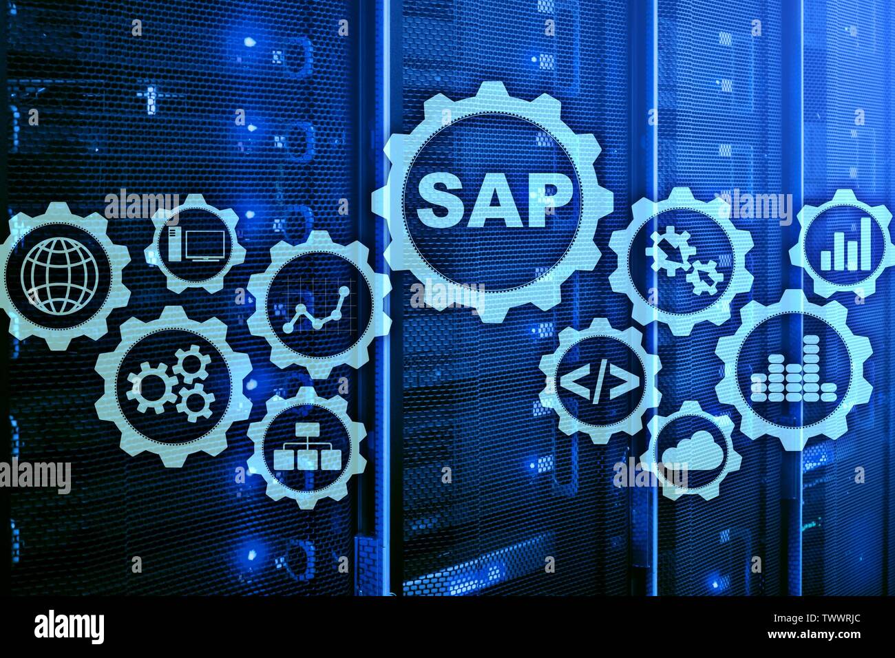 SAP-System Software Automatisierungskonzept auf virtuellen Bildschirm Data Center. Stockfoto
