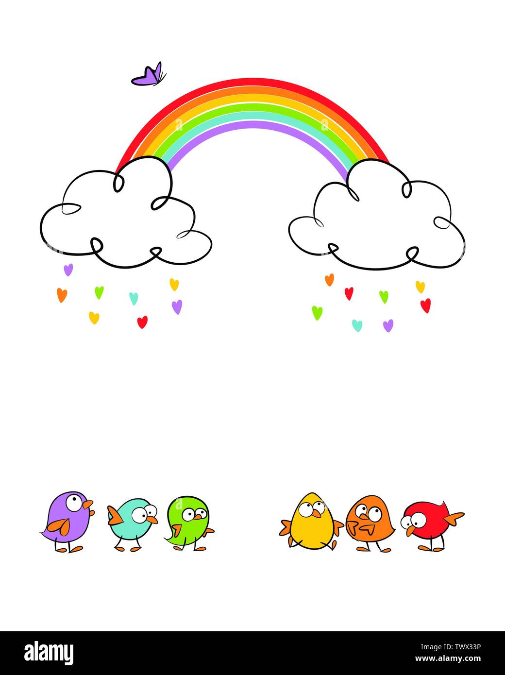 Lustige Vögel unter Wolken und Regenbogen feiern Liebe - bunte Hand gezeichnet Vector Illustration Stock Vektor