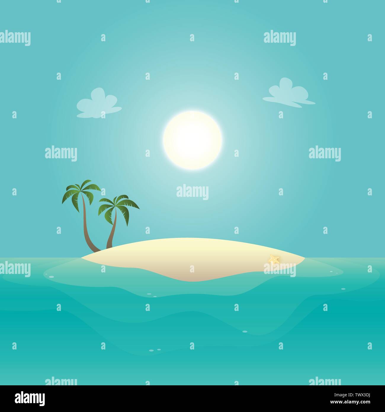 Sandige Insel mit Palmen am sonnigen Tag - Sommer Hintergrund Stock Vektor