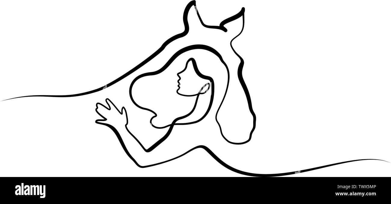 Kontinuierliche eine Linie zeichnen. Pferd und Frau Staats- Logo. Schwarze und weiße Vector Illustration. Konzept für Logo, Karte, Banner, Poster, Flyer Stock Vektor