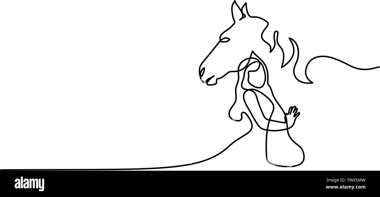 Kontinuierliche eine Linie zeichnen. Pferd und Frau Staats- Logo. Schwarze und weiße Vector Illustration. Konzept für Logo, Karte, Banner, Poster, Flyer Stock Vektor