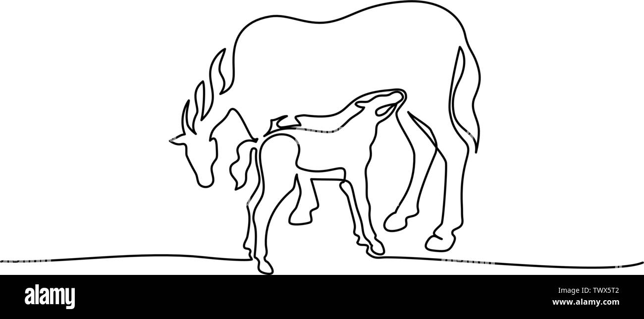Kontinuierliche eine Linie zeichnen. Pferd feeds kleines Fohlen. Schwarze und weiße Vector Illustration. Konzept für Logo, Karte, Banner, Poster, Flyer Stock Vektor