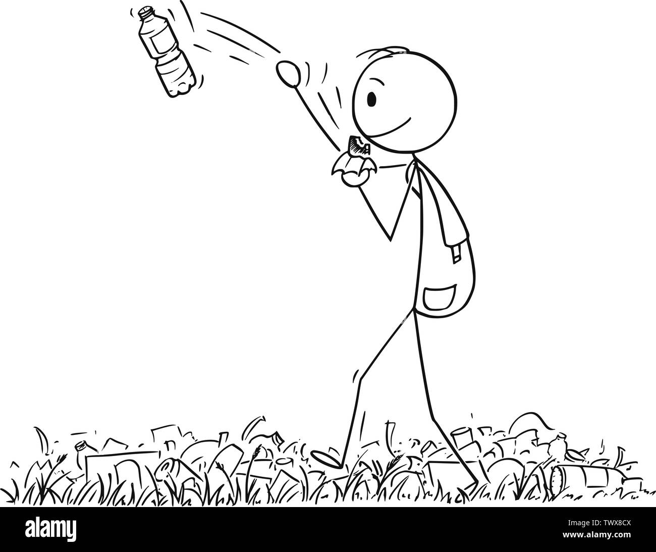 Vektor cartoon Strichmännchen Zeichnen konzeptionelle Darstellung der Wanderer oder Mann mit Rucksack wandern oder Wandern in der Natur voller Müll und Abfall, und werfen Plastikflasche entfernt. Stock Vektor
