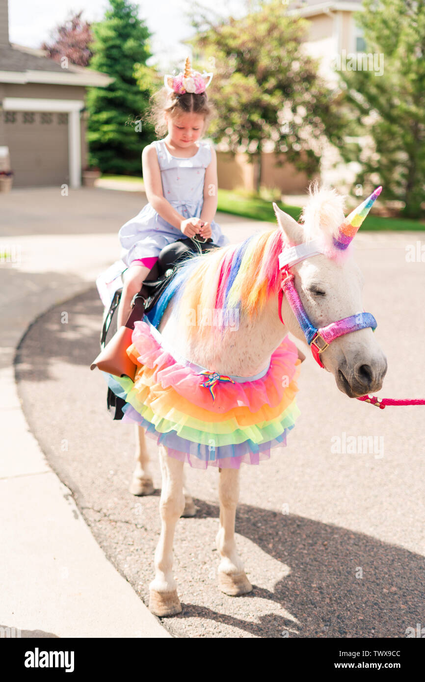 Kleines Madchen Reiten Ein Einhorn Auf Das Kleine Madchen Geburtstag Stockfotografie Alamy