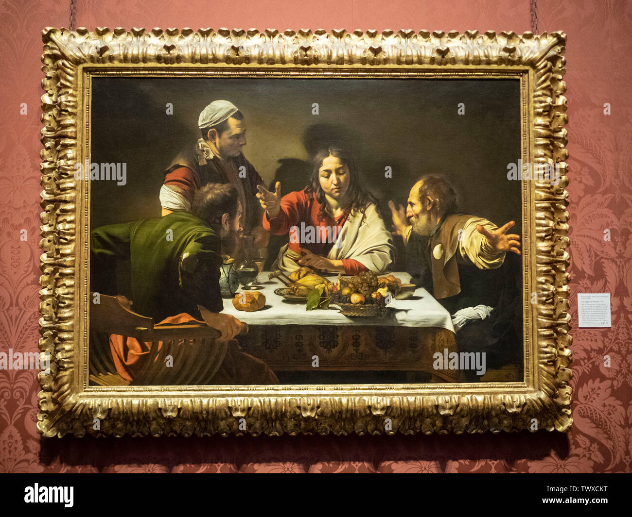 London, 12. Mai 2019: Die National Gallery am Trafalgar Square, Cena in Emmaus durch Michelango Merisi Caravaggio genannt Stockfoto