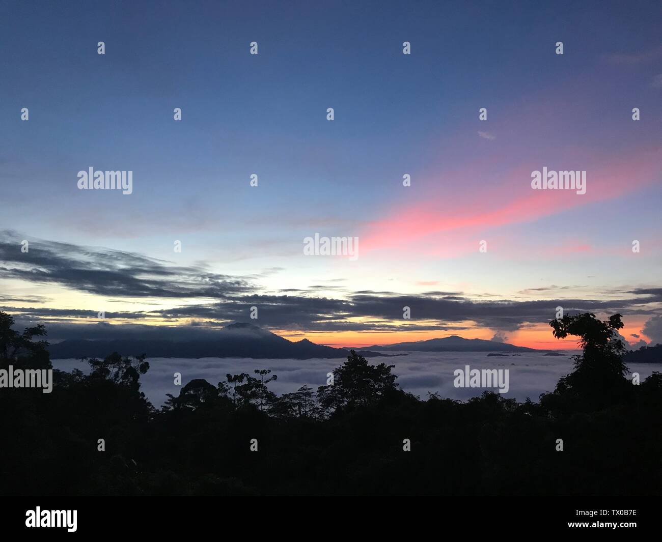 Sonnenaufgang Blick über Danum Valley, Sabah, Malaysia Stockfoto