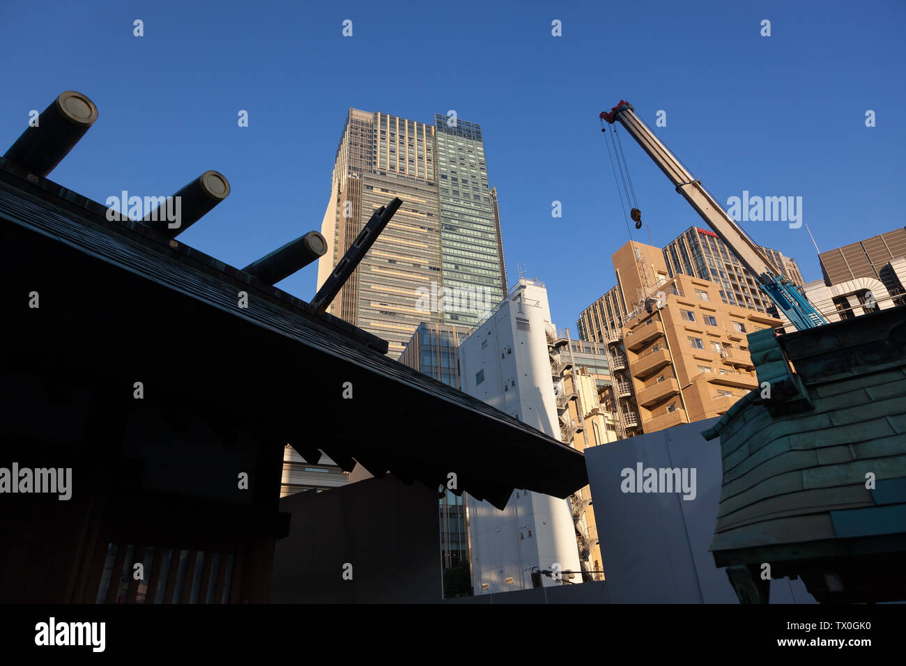 Der Turm des Midtown-Gebäudes in Tokio (ein Büro-, Handels- und Wohnkomplex in Roppongi), der über niedrigeren Wohngebäuden und Schreindächern in Tokio, Japan, zu sehen ist Stockfoto