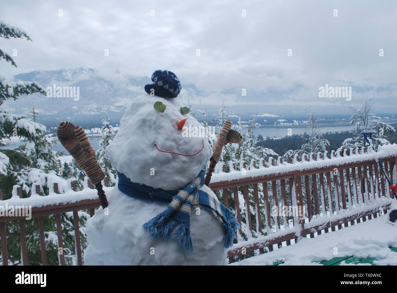 Oktober Schneemann in BC mit grünen Blättern für die Augen Stockfoto