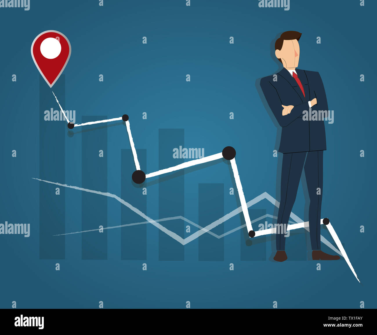Erfolgreicher Geschäftsmann, der mit verschränkten Armen und hohe grafik hintergrund, Business Konzept Stockfoto