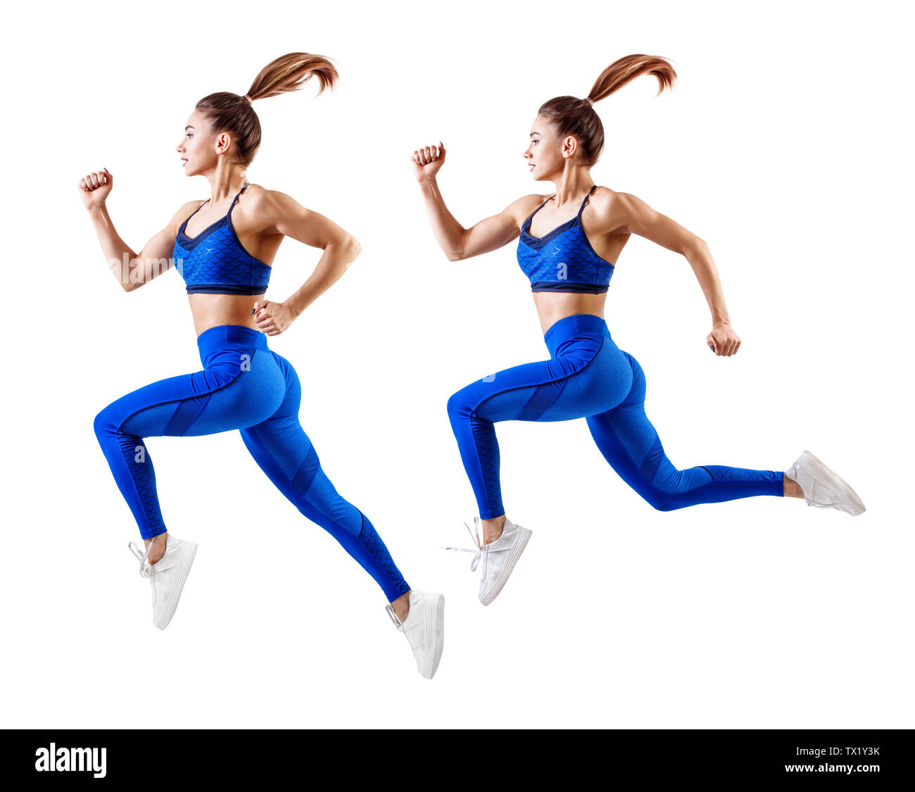 Junge Frau Läufer in Blau sportswear Sprung in der Luft. Stockfoto