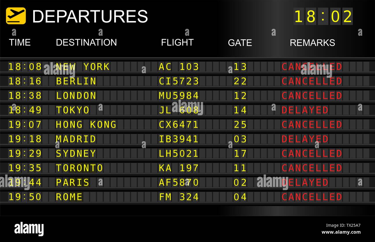 Flüge Abflüge board. Information Display System im internationalen Flughafen, storniert und verspätete Flüge Stockfoto