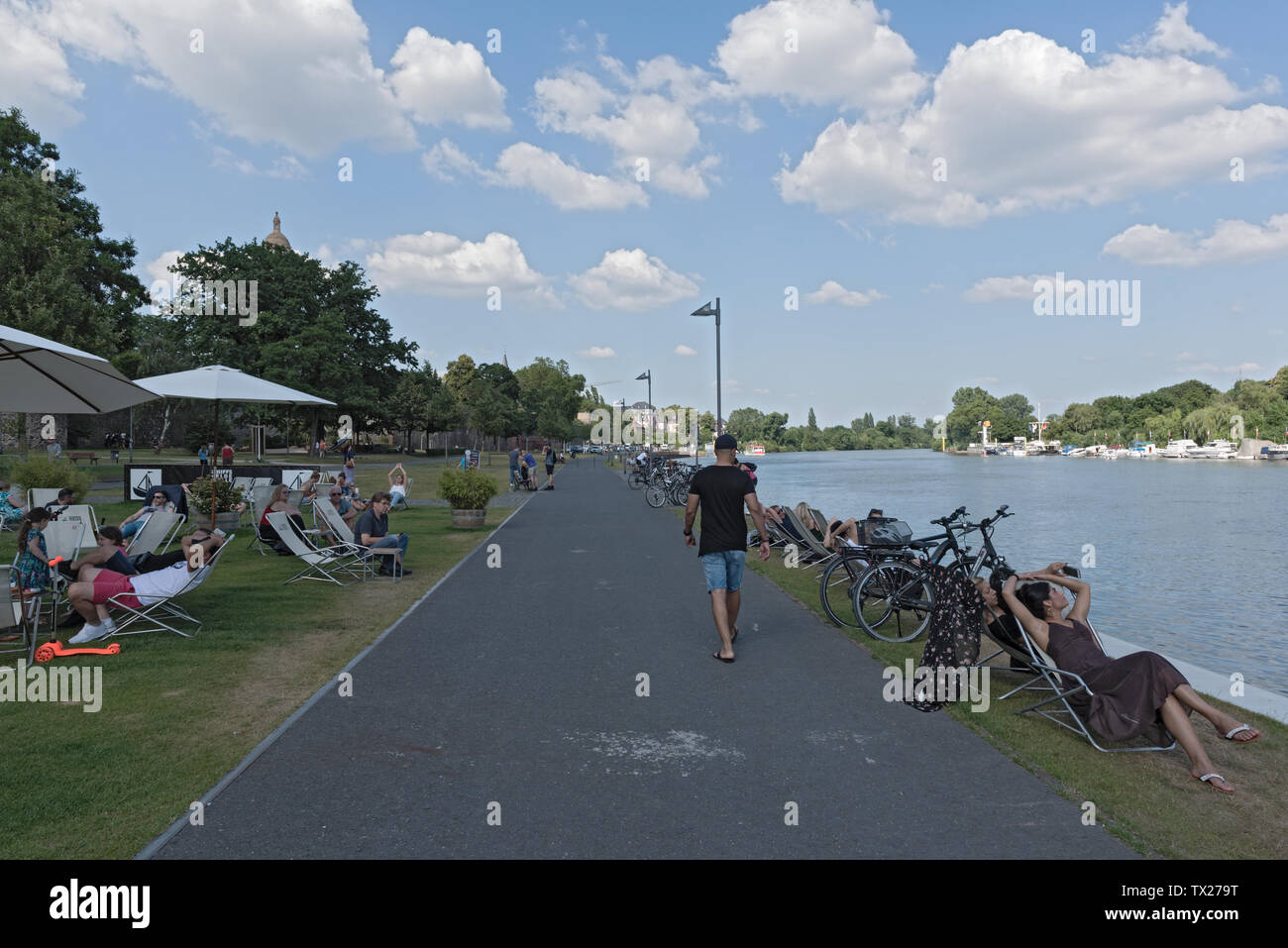 Touristen in Liegestühlen am Ufer auf der Main in Frankfurt Höchst, Deutschland Stockfoto