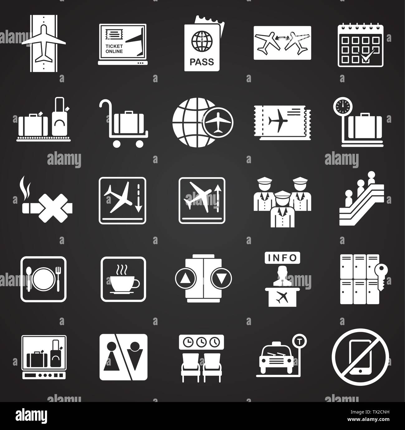 Flughafen ähnliche Symbole auf schwarzem Hintergrund für Grafik- und Webdesign. Einfachen Vektor unterzeichnen. Internet Konzept Symbol für Website Taste oder mobile App Stock Vektor