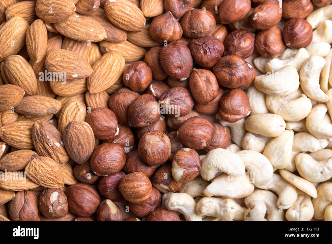 Cashew, Haselnuss und Mandel. Gesunde Ernährung Stockfoto