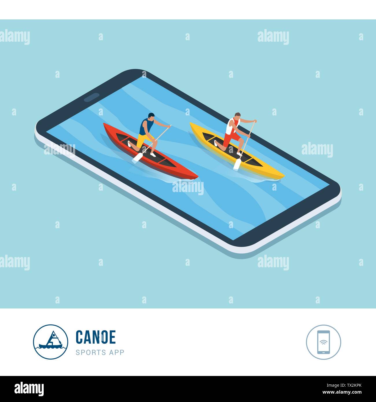 Professionelle Sport Wettbewerb: Canoers Paddeln in einem Kanu Rennen, mobile App Stock Vektor