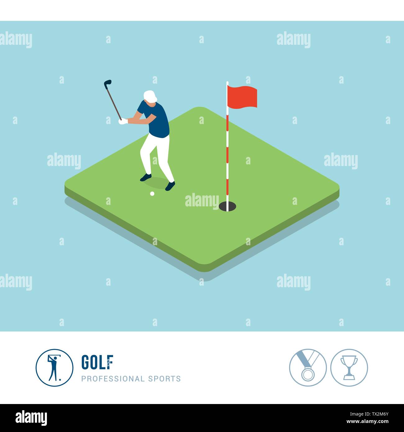 Professionelle Sport Wettbewerb: Golf, Spieler Schlagen einer Kugel mit einem Club Stock Vektor