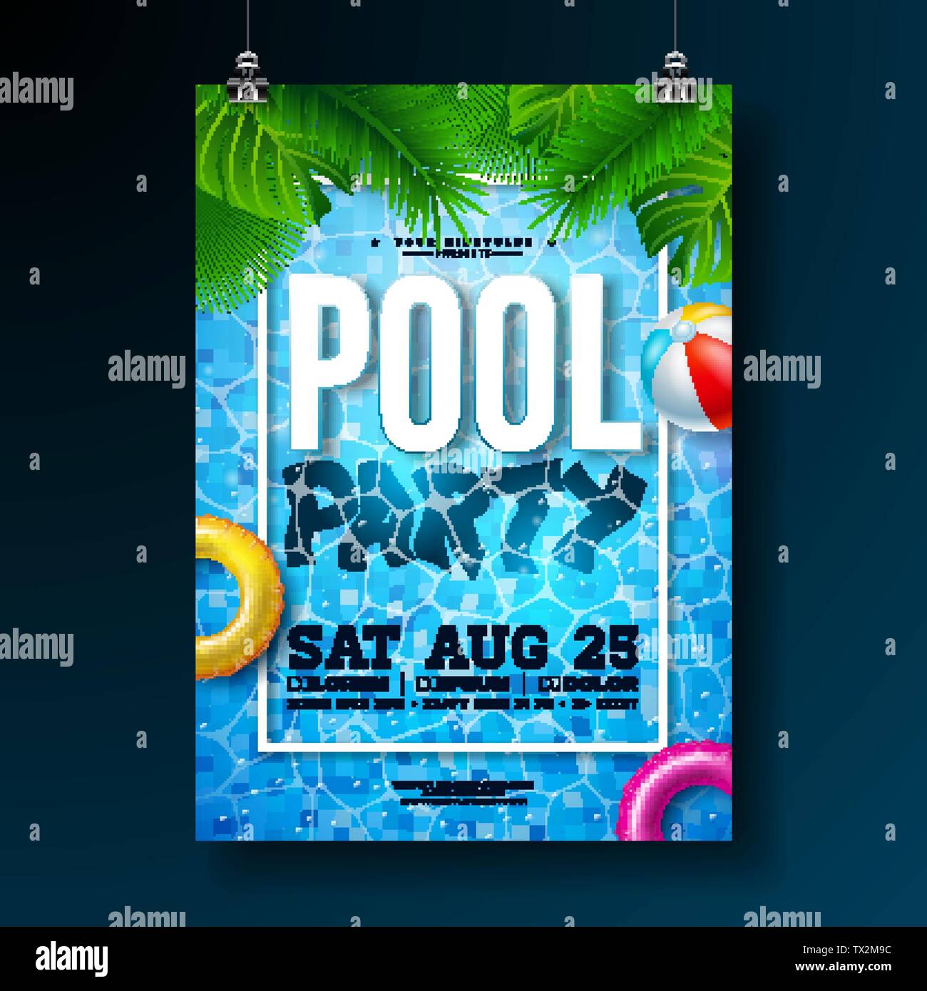 Sommer Pool Party Poster Design Template mit Palmblättern, Wasser, Wasserball und Schwimmen auf blauen Ozean Landschaft Hintergrund. Vektor Feiertag Illustration Stock Vektor